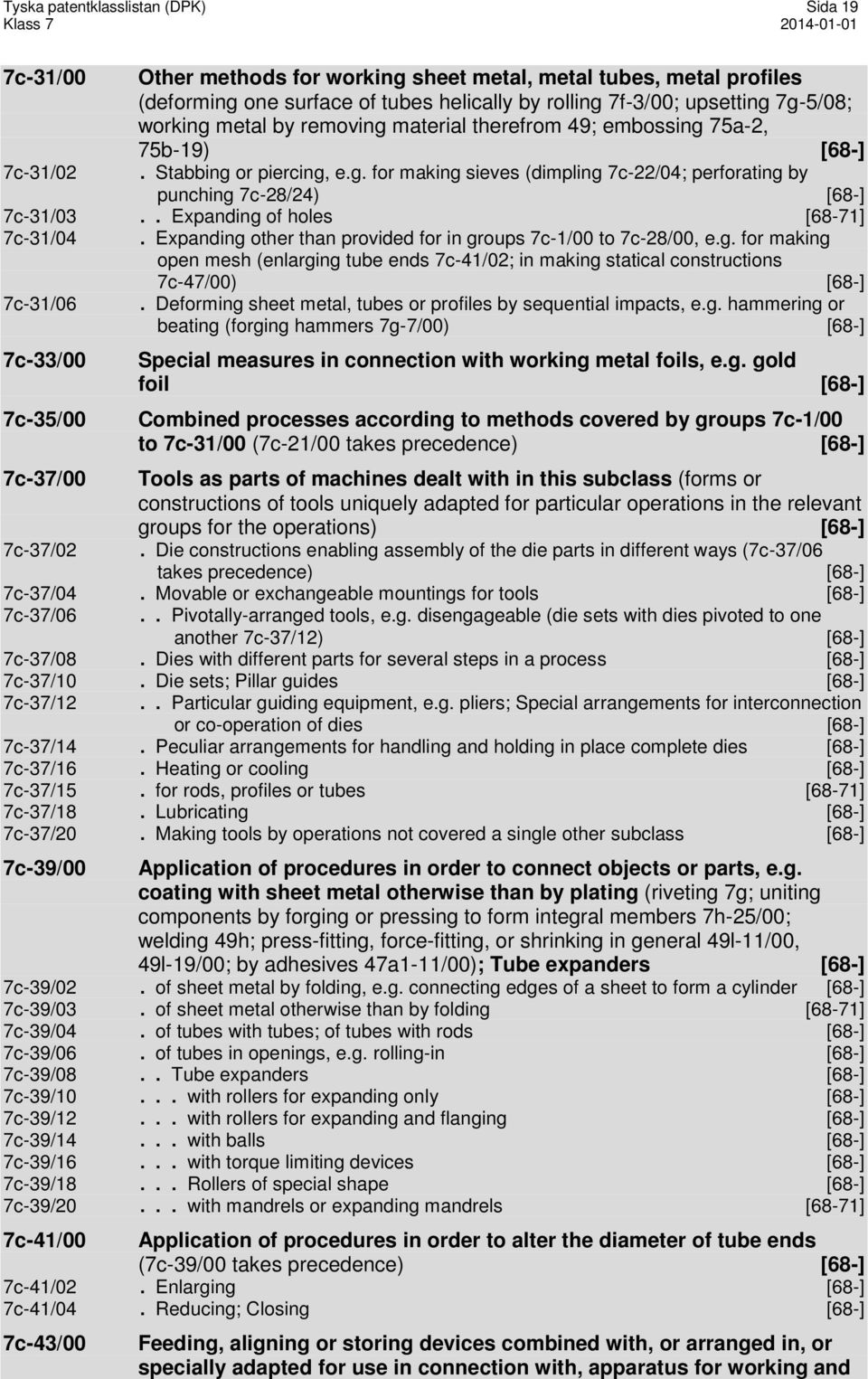 . Expanding of holes [68-71] 7c-31/04. Expanding other than provided for in groups 7c-1/00 to 7c-28/00, e.g. for making open mesh (enlarging tube ends 7c-41/02; in making statical constructions 7c-47/00) [68-] 7c-31/06.
