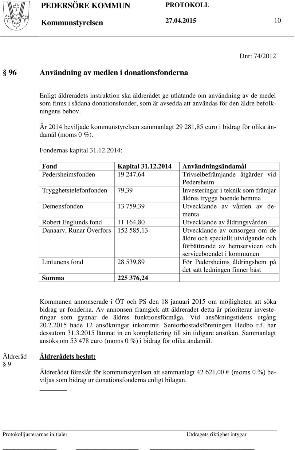 avsedda att användas för den äldre befolkningens behov. År 2014 beviljade kommunstyrelsen sammanlagt 29 281,85 euro i bidrag för olika ändamål (moms 0 %). Fondernas kapital 31.12.