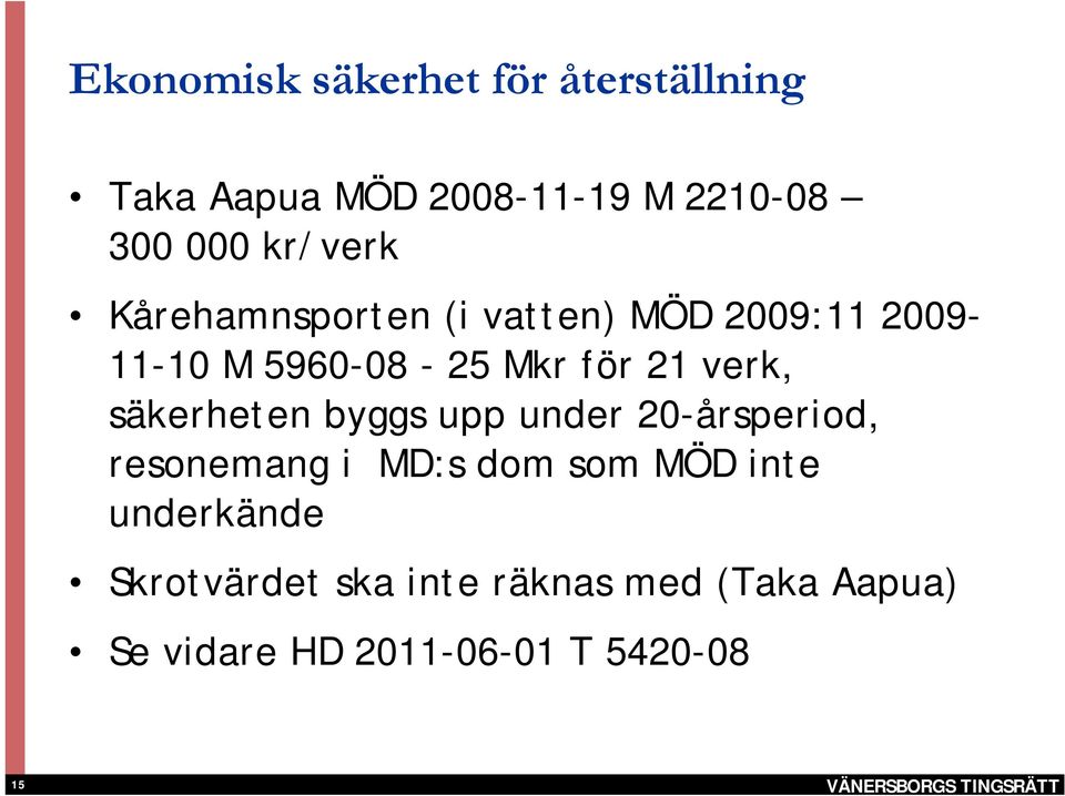 verk, säkerheten byggs upp under 20-årsperiod, resonemang i MD:s dom som MÖD inte