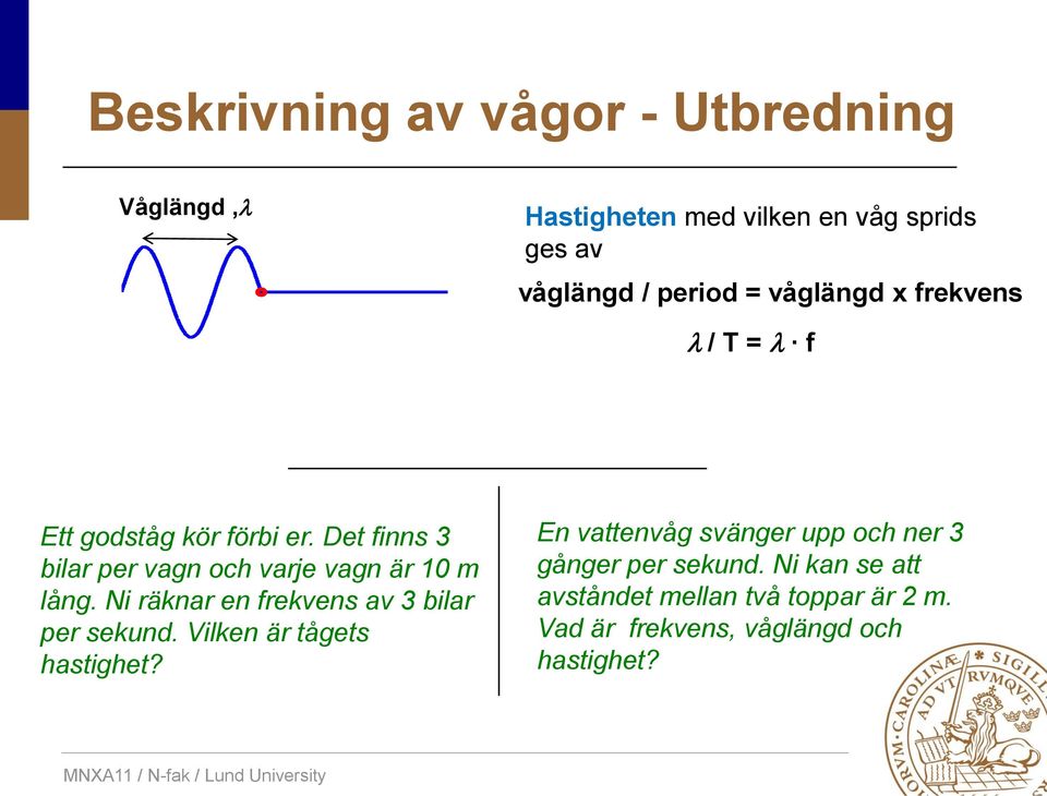 Det finns 3 bilar per vagn och varje vagn är 10 m lång. Ni räknar en frekvens av 3 bilar per sekund.