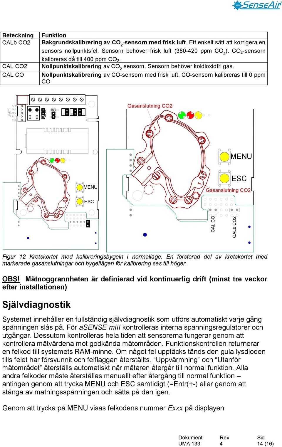 CO-sensorn kalibreras till 0 ppm CO Gasanslutning CO2 MENU MENU ESC Gasanslutning CO2 ESC Figur 12 Kretskortet med kalibreringsbygeln i normalläge.