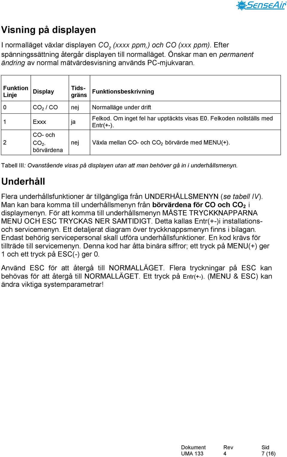 börvärdena nej Felkod. Om inget fel har upptäckts visas E0. Felkoden nollställs med Entr(+-). Växla mellan CO- och CO 2 börvärde med MENU(+).