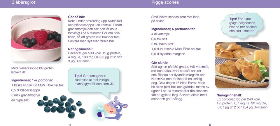 Ingredienser, 6 portionsbitar: 4 dl vetemjöl 0,5 tsk salt 2 tsk bakpulver 1,5 dl NutriniKid Multi Fibre neutral 0,5 dl fl ytande margarin Tips!