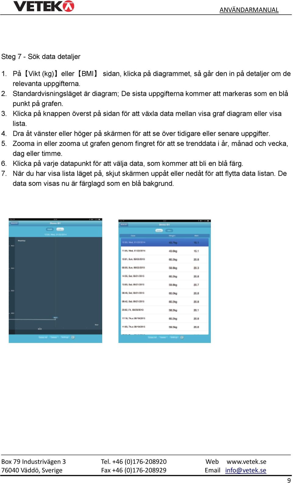 Klicka på knappen överst på sidan för att växla data mellan visa graf diagram eller visa lista. 4. Dra åt vänster eller höger på skärmen för att se över tidigare eller senare uppgifter. 5.