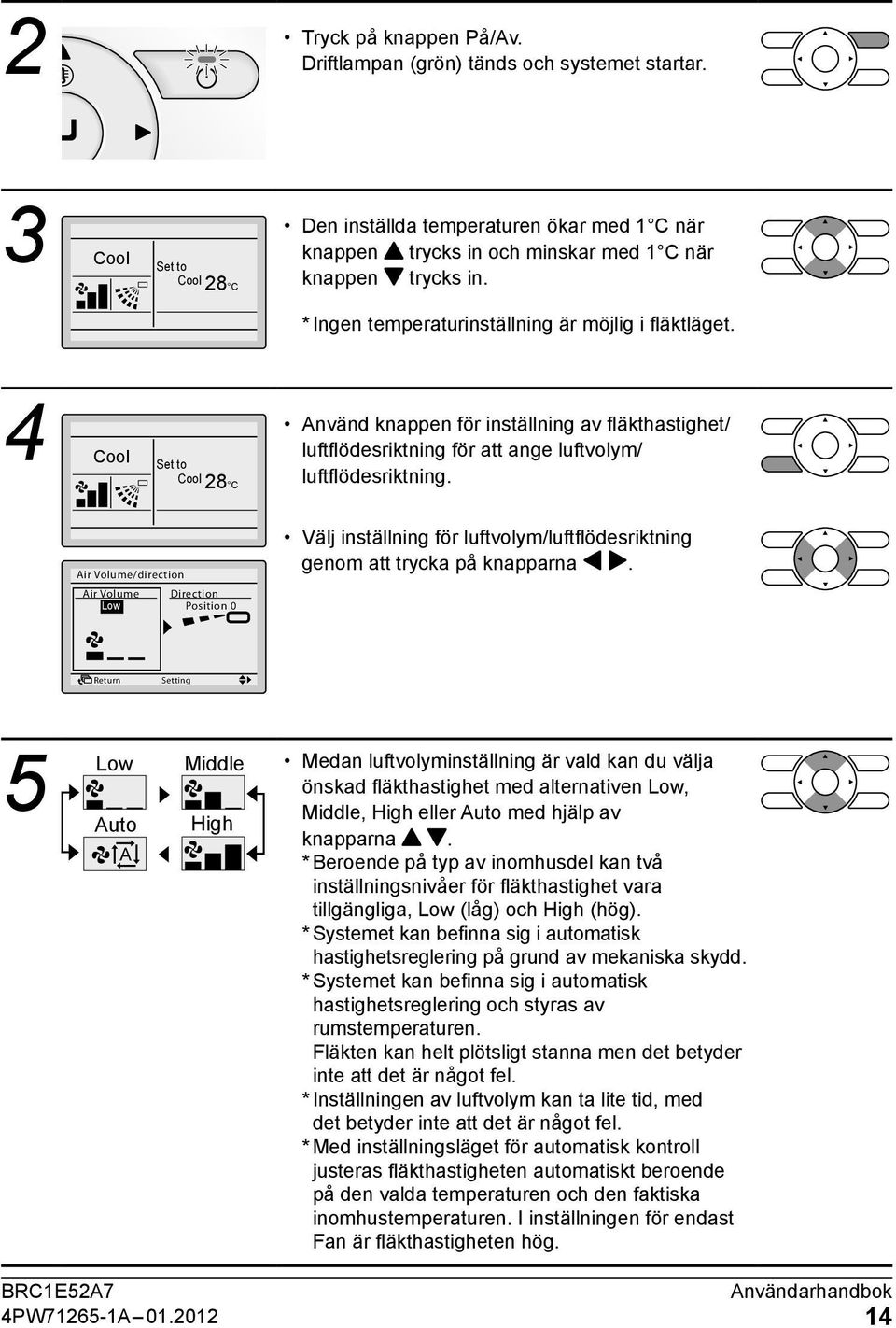 Air Volume/direction Air Volume Direction Low Position 0 Välj inställning för luftvolym/luftflödesriktning genom att trycka på knapparna.