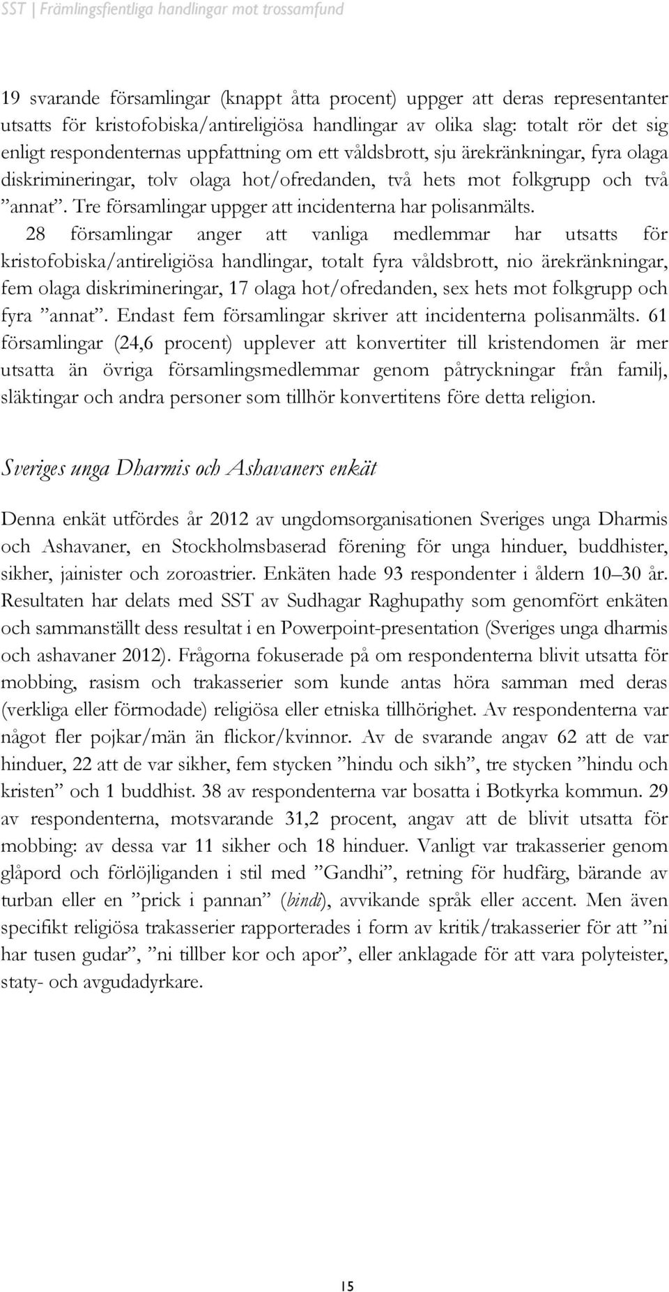 28 församlingar anger att vanliga medlemmar har utsatts för kristofobiska/antireligiösa handlingar, totalt fyra våldsbrott, nio ärekränkningar, fem olaga diskrimineringar, 17 olaga hot/ofredanden,