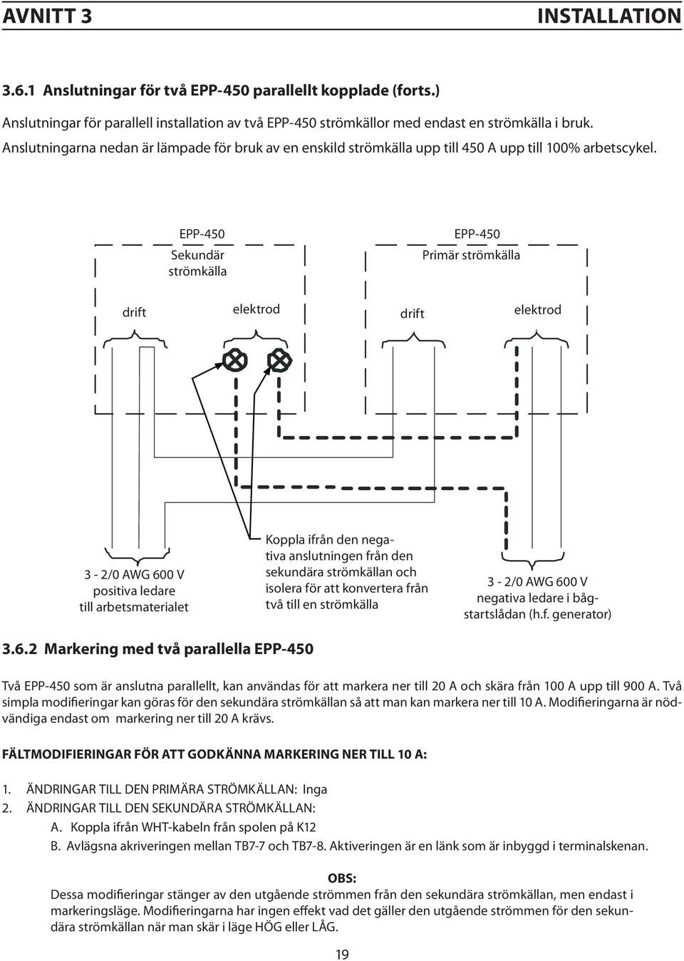EPP-450 Sekundär strömkälla EPP-450 Primär strömkälla drift elektrod drift elektrod 3-2/0 AWG 600 V positiva ledare till arbetsmaterialet Koppla ifrån den negativa anslutningen från den sekundära
