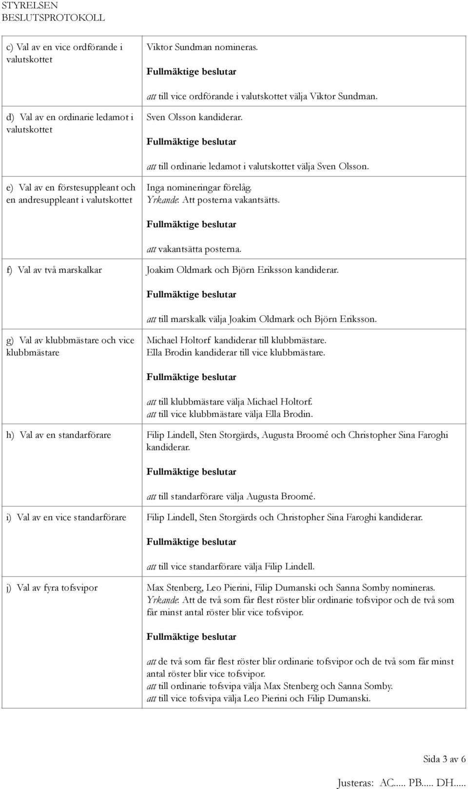 Yrkande: Att posterna vakantsätts. att vakantsätta posterna. att till marskalk välja Joakim Oldmark och Björn Eriksson. f) Val av två marskalkar Joakim Oldmark och Björn Eriksson kandiderar.
