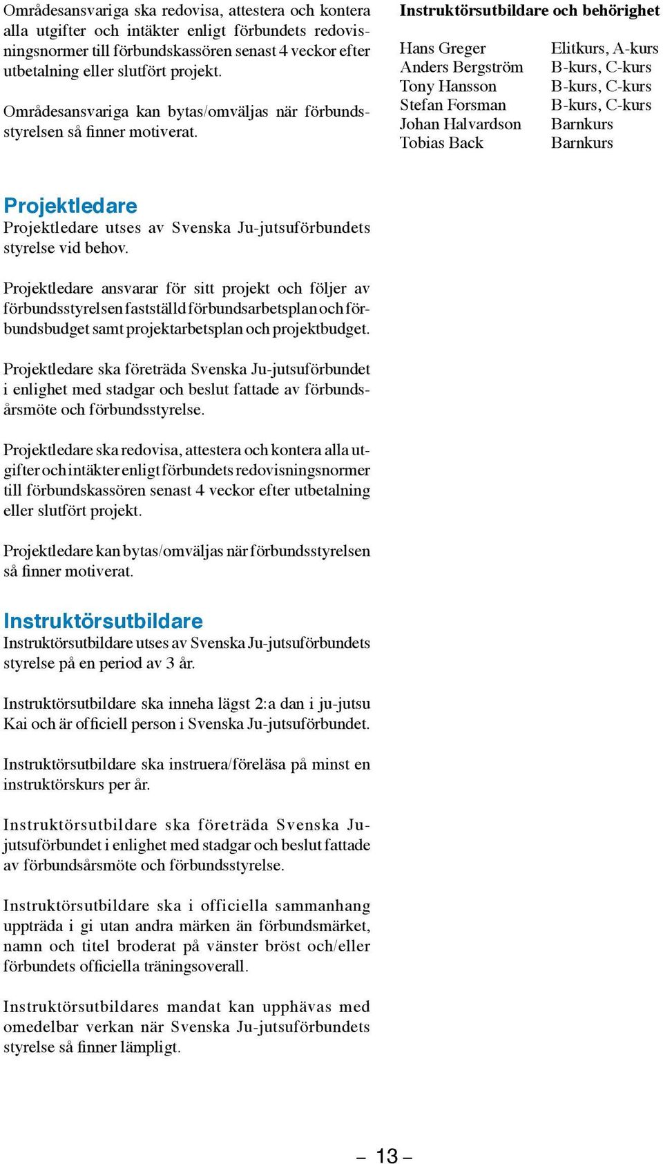 Instruktörsutbildare och behörighet Hans Greger Elitkurs, A-kurs Anders Bergström B-kurs, C-kurs Tony Hansson B-kurs, C-kurs Stefan Forsman B-kurs, C-kurs Johan Halvardson Barnkurs Tobias Back