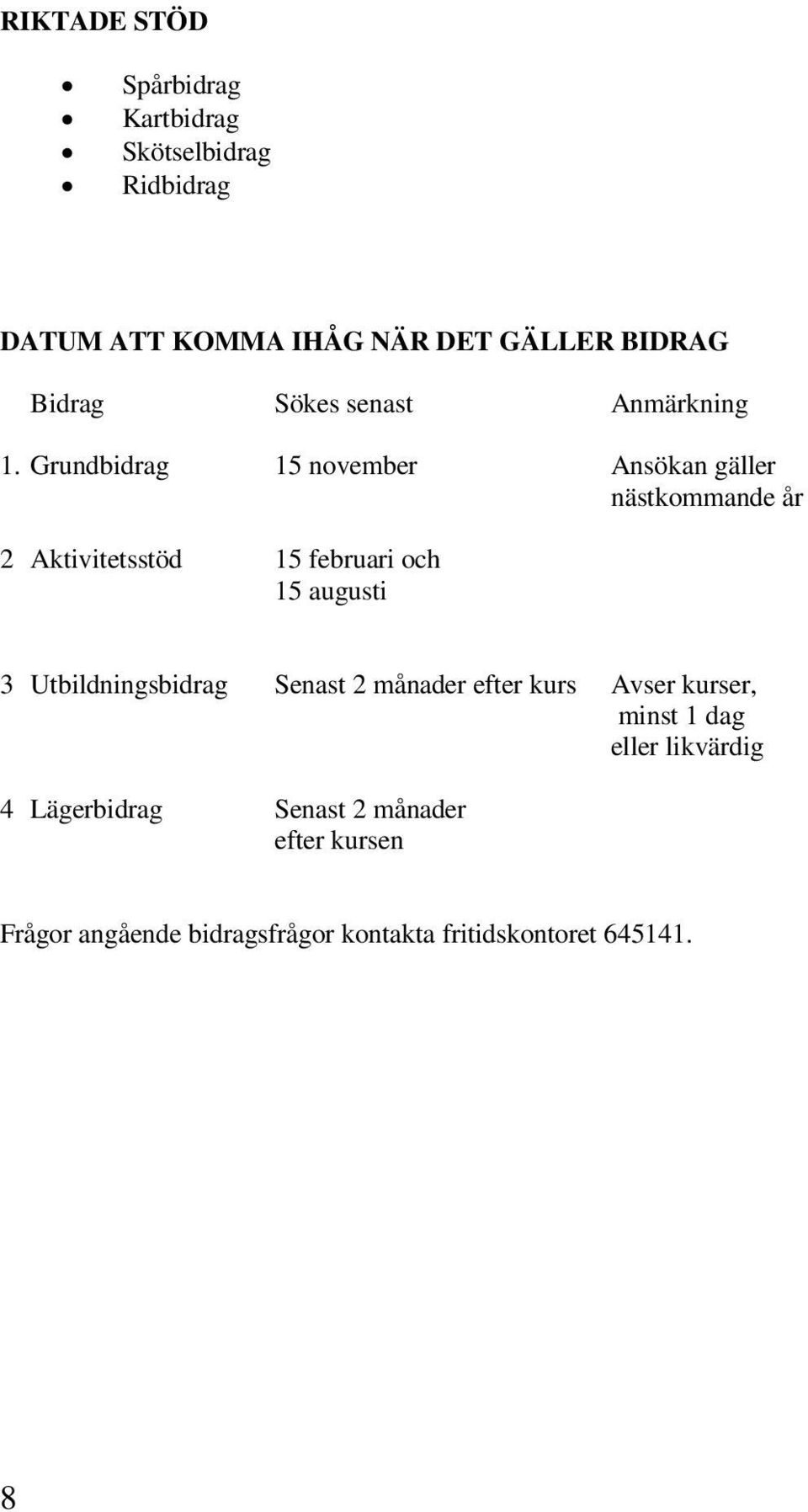 Grundbidrag 15 november Ansökan gäller nästkommande år 2 Aktivitetsstöd 15 februari och 15 augusti 3