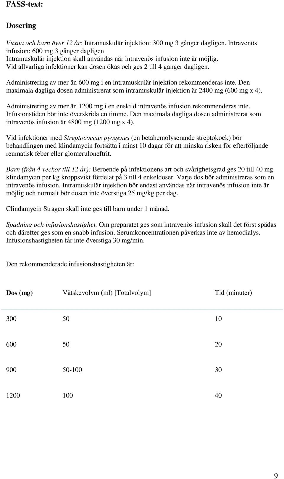 Administrering av mer än 600 mg i en intramuskulär injektion rekommenderas inte. Den maximala dagliga dosen administrerat som intramuskulär injektion är 2400 mg (600 mg x 4).