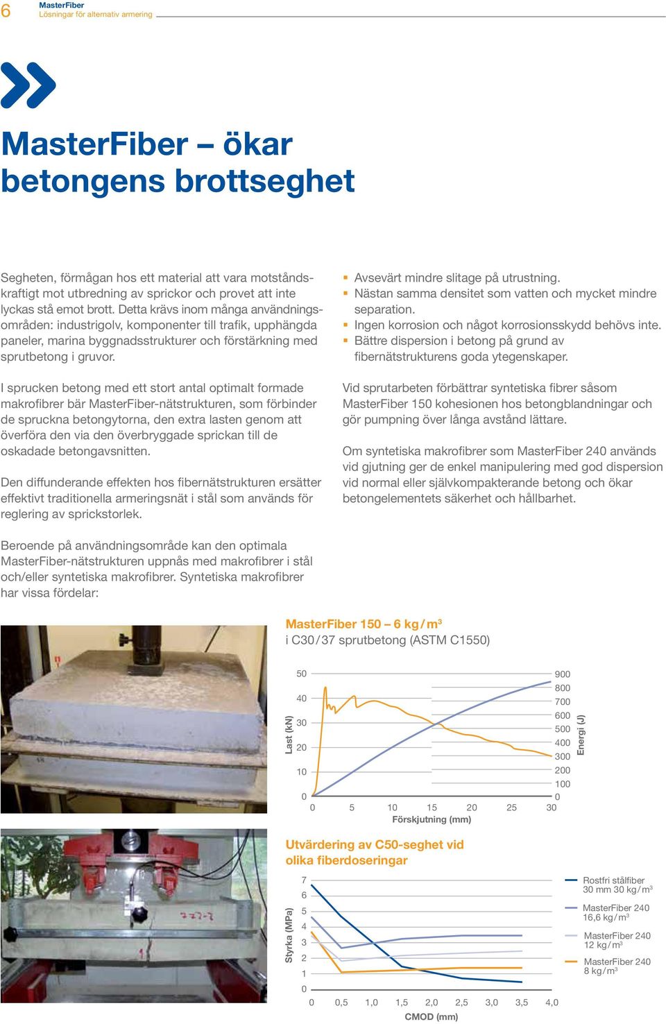 I sprucken betong med ett stort antal optimalt formade makrofibrer bär MasterFiber-nätstrukturen, som förbinder de spruckna betongytorna, den extra lasten genom att överföra den via den överbryggade