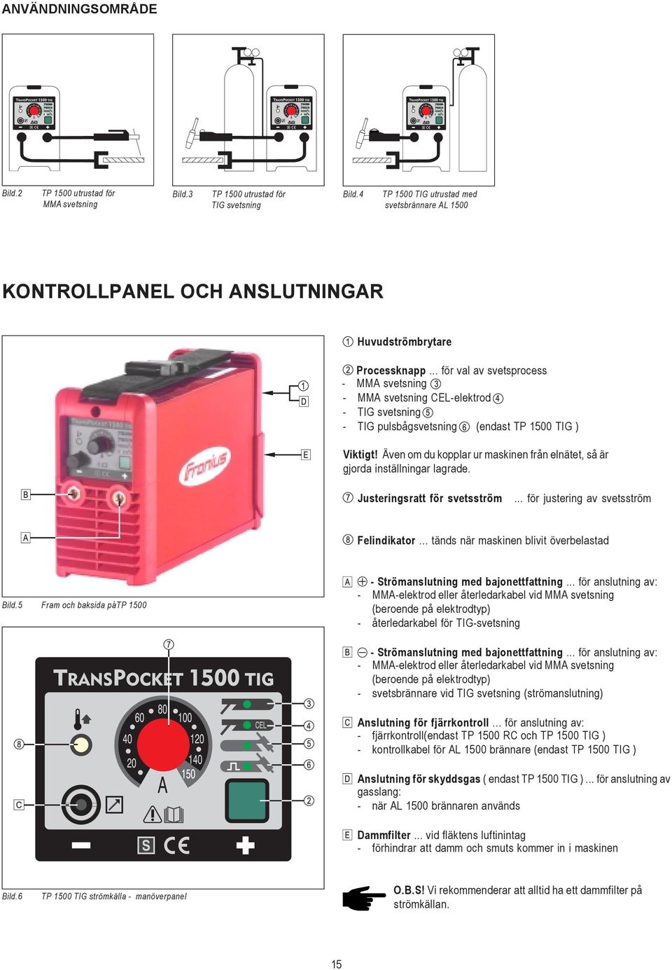 .. för val av svetsprocess - MMA svetsning - MMA svetsning CEL-elektrod - TIG svetsning - TIG pulsbågsvetsning (endast TP 1500 TIG ) Viktigt!