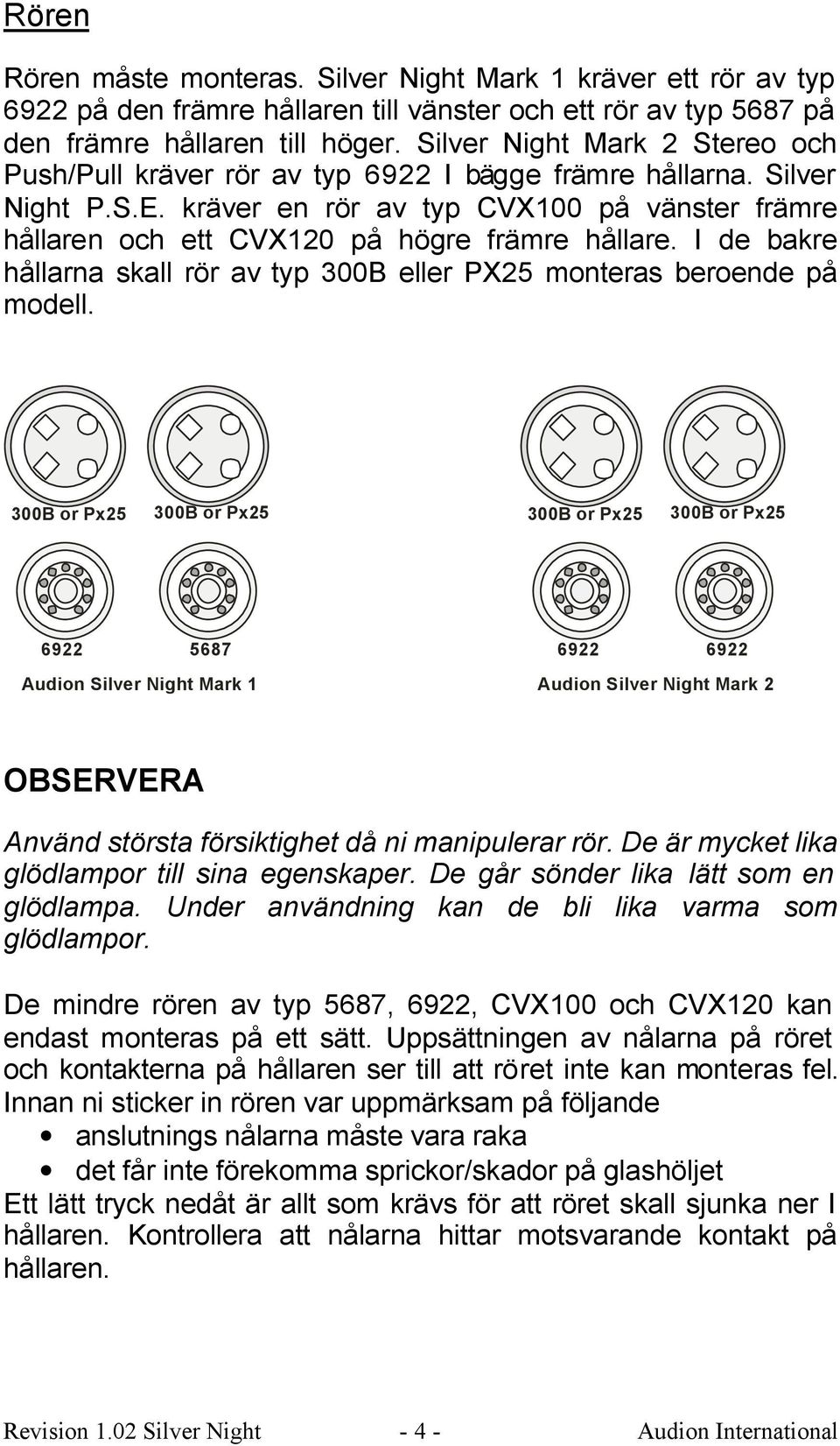 kräver en rör av typ CVX100 på vänster främre hållaren och ett CVX120 på högre främre hållare. I de bakre hållarna skall rör av typ 300B eller PX25 monteras beroende på modell.