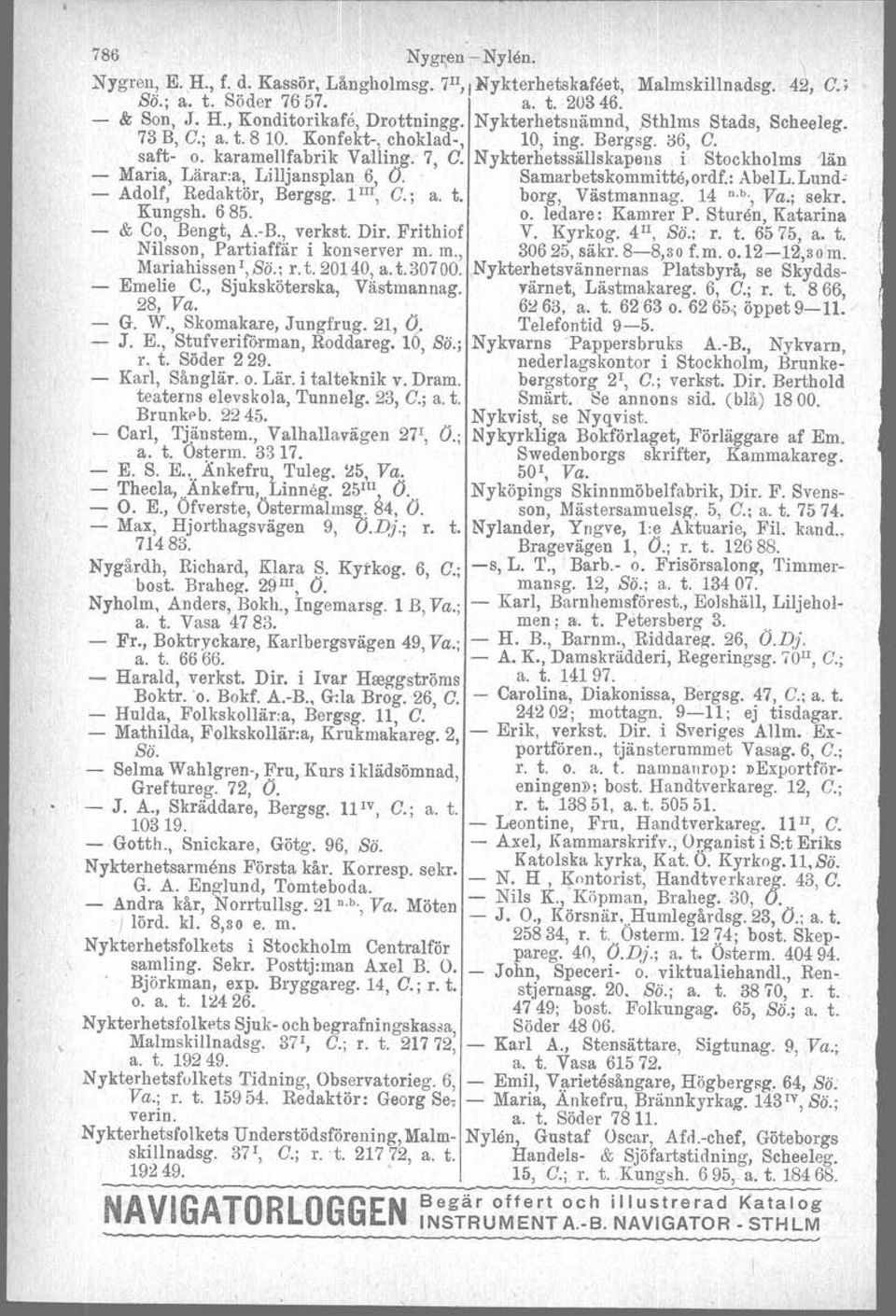 Nykterhetssällskapens i Stockholms 'län Maria, Lärara, Lilljansplan 6, O.. Samarbetskommitte,ordf.: Abel LiLund Adolf, Redaktör, Bergsg. 1 III, C.; a. t. borg, Västmannag. 14 n.b., Va.; sekr. Kungsh.