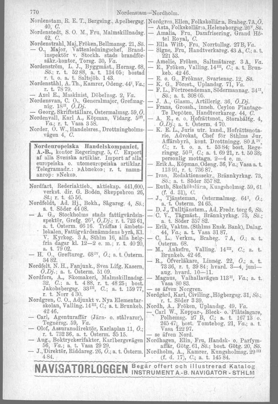, Major, Vattenledningschef, Brand Signe, Fru, Handtverkareg. 43 A, C.; a. t. inspektör v. Stockh. stads brandför 221 53. säkr.kontor, Torsg. 3D, Va. Amelie, Fröken, Saltmätareg. 3 A, Va.