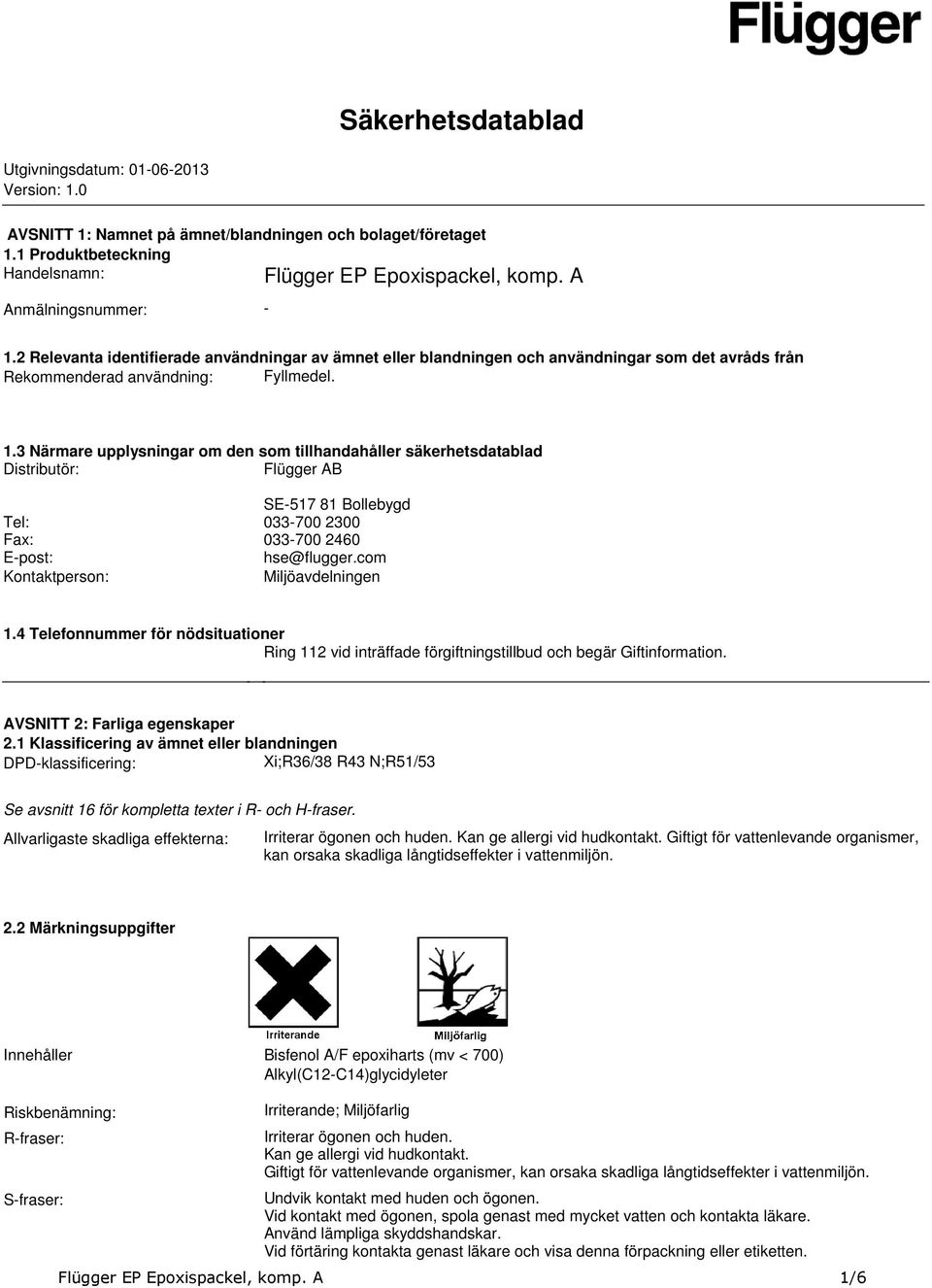 tillhandahåller säkerhetsdatablad Distributör: Flügger AB SE-517 81 Bollebygd Tel: 033-700 2300 Fax: 033-700 2460 E-post: hse@fluggercom Kontaktperson: Miljöavdelningen 14 Telefonnummer för