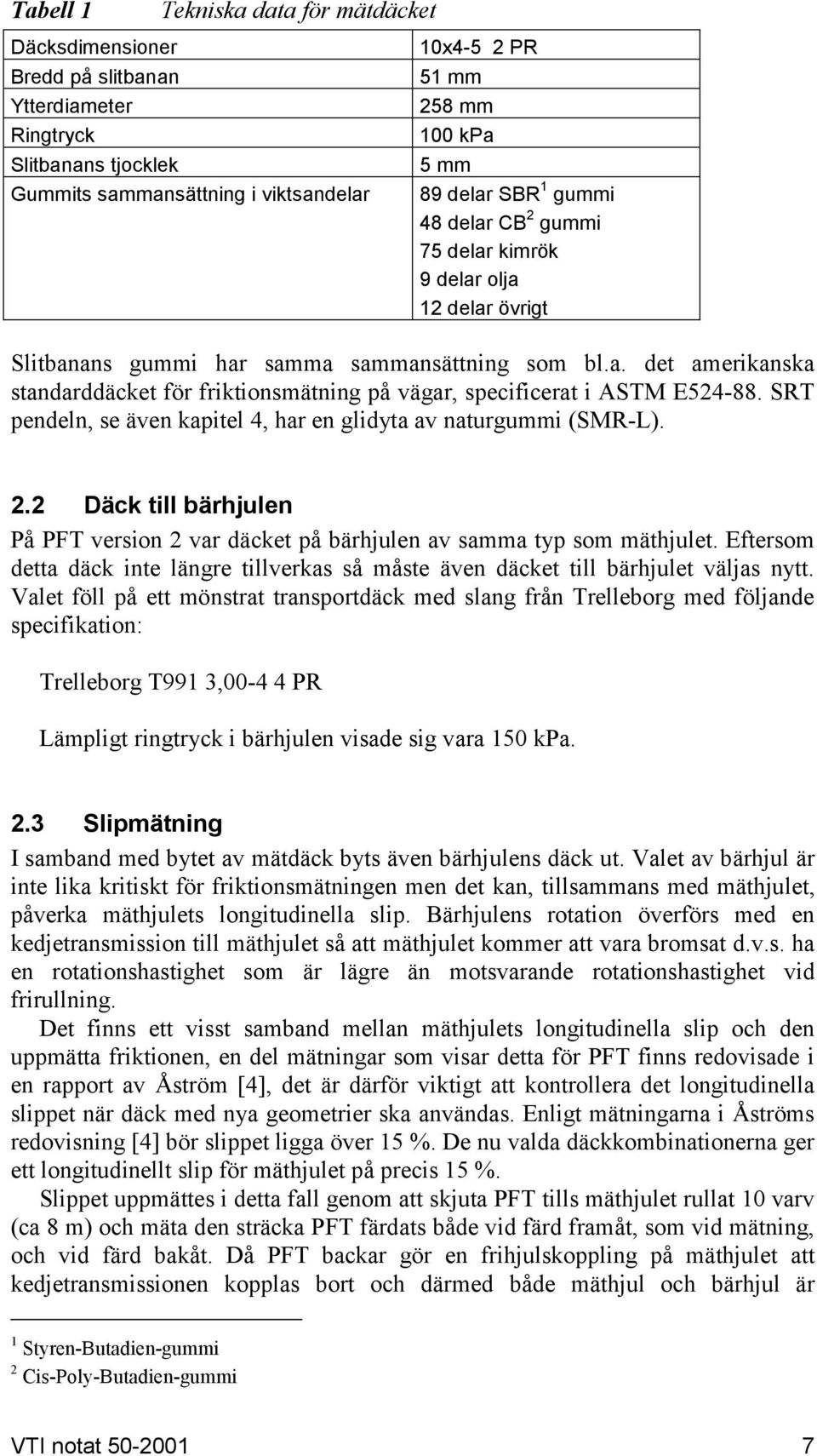 SRT pendeln, se även kapitel 4, har en glidyta av naturgummi (SMR-L). 2.2 Däck till bärhjulen På PFT version 2 var däcket på bärhjulen av samma typ som mäthjulet.