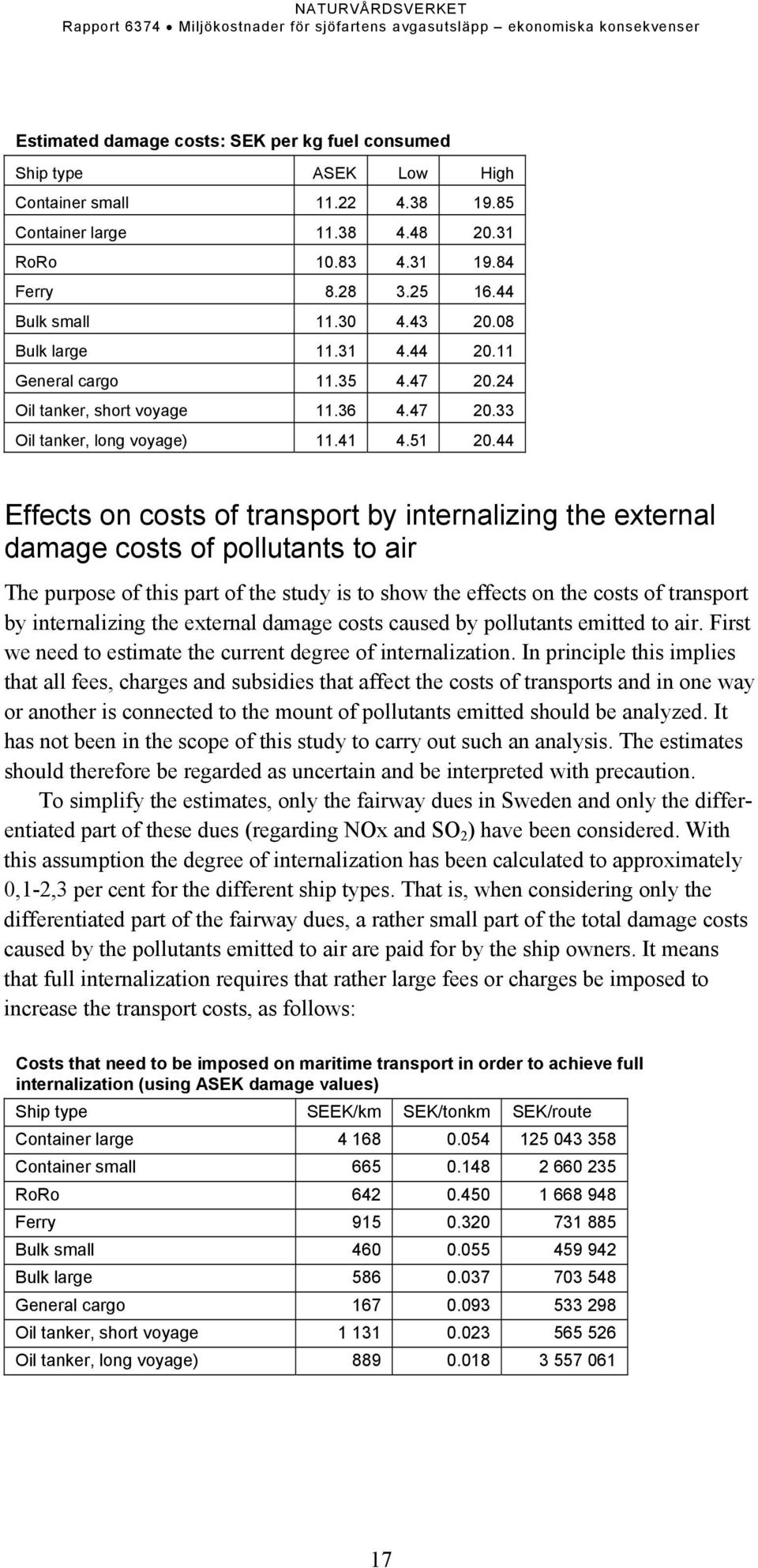 44 Effects on costs of transport by internalizing the external damage costs of pollutants to air The purpose of this part of the study is to show the effects on the costs of transport by
