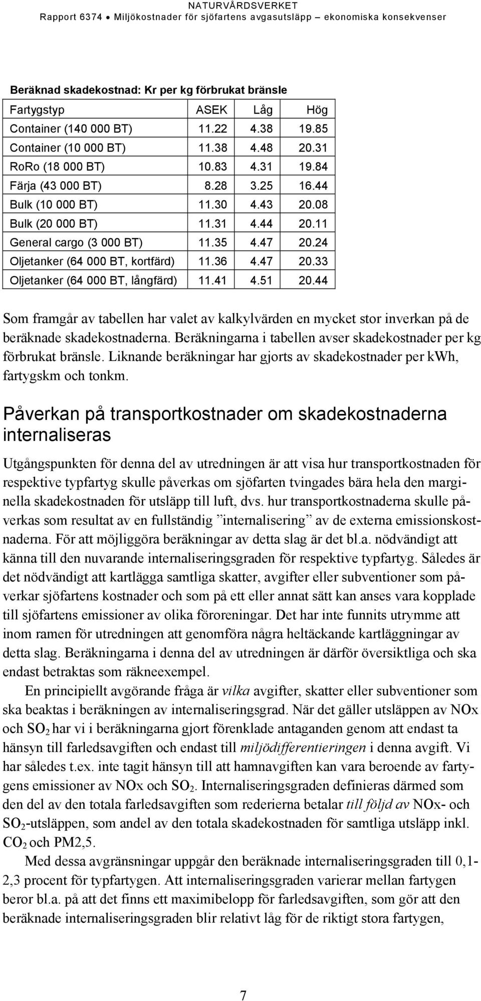 41 4.51 20.44 Som framgår av tabellen har valet av kalkylvärden en mycket stor inverkan på de beräknade skadekostnaderna. Beräkningarna i tabellen avser skadekostnader per kg förbrukat bränsle.