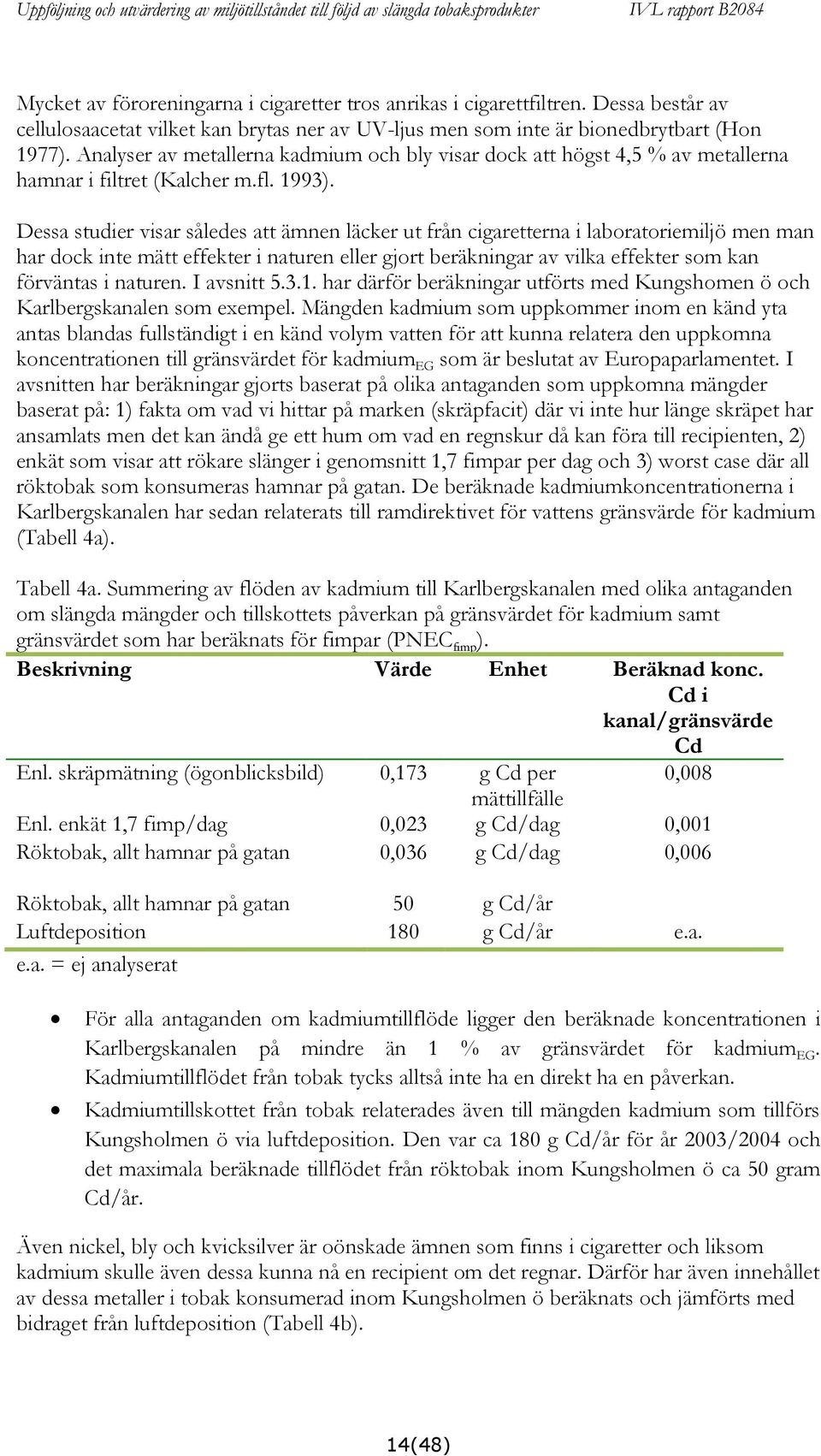 Dessa studier visar således att ämnen läcker ut från cigaretterna i laboratoriemiljö men man har dock inte mätt effekter i naturen eller gjort beräkningar av vilka effekter som kan förväntas i
