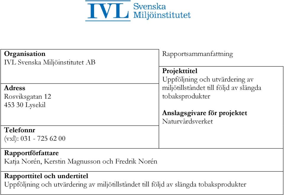 tobaksprodukter Anslagsgivare för projektet Naturvårdsverket Rapportförfattare Katja Norén, Kerstin Magnusson och
