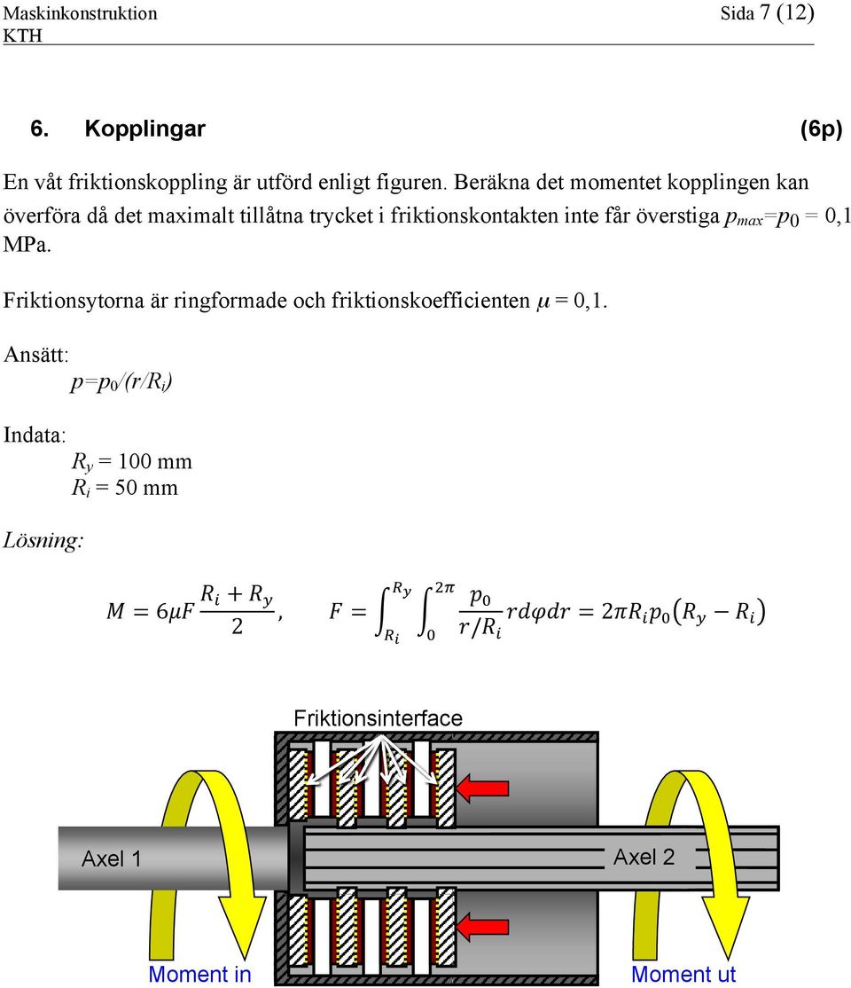 överstiga p max =p 0 = 0,1 MPa. Friktionsytorna är ringformade och friktionskoefficienten µ = 0,1.