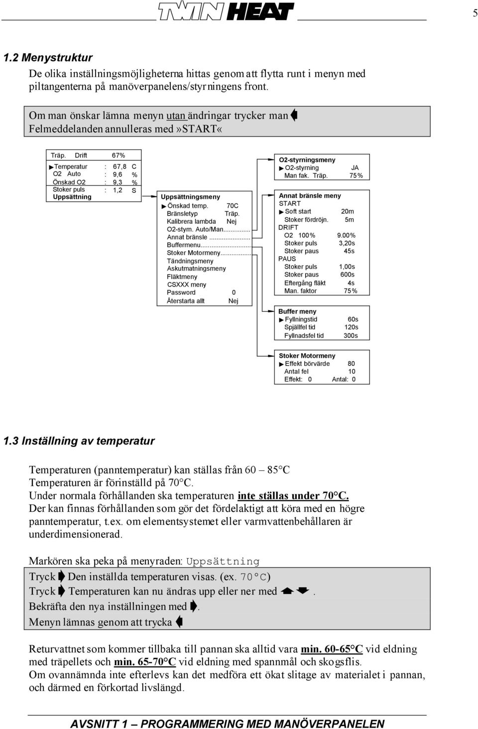 Drift 67% Temperatur O2 Auto Önskad O2 Stoker puls Uppsättning : 67,8 : 9,6 : 9,3 : 1,2 C % % S Uppsättningsmeny Önskad temp. 70C Bränsletyp Träp. Kalibrera lambda Nej O2-styrn. Auto/Man.