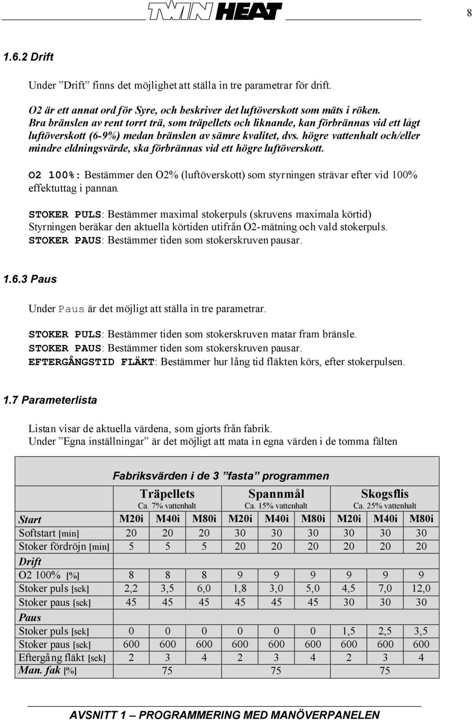 högre vattenhalt och/eller mindre eldningsvärde, ska förbrännas vid ett högre luftöverskott. O2 100%: Bestämmer den O2% (luftöverskott) som styrningen strävar efter vid 100% effektuttag i pannan.