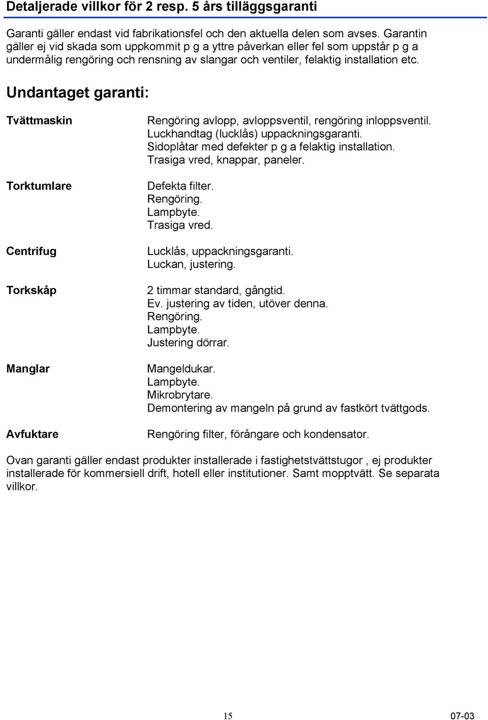 Undantaget garanti: Tvättmaskin Torktumlare Centrifug Torkskåp Manglar Avfuktare Rengöring avlopp, avloppsventil, rengöring inloppsventil. Luckhandtag (lucklås) uppackningsgaranti.