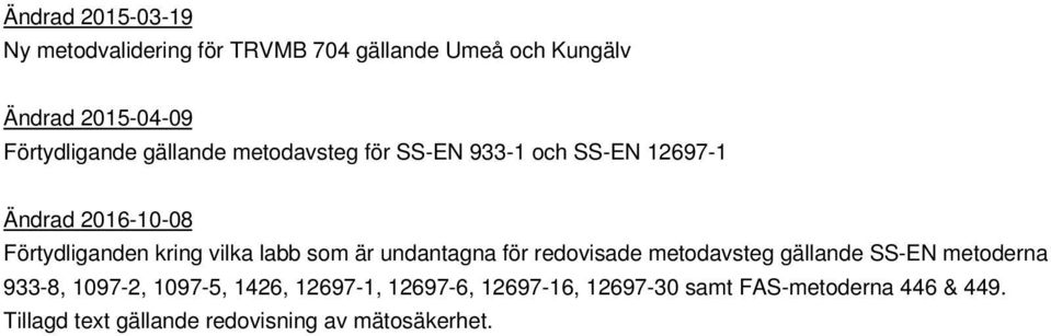 vilka labb som är undantagna för redovisade metodavsteg gällande SS-EN metoderna 933-8, 1097-2, 1097-5,