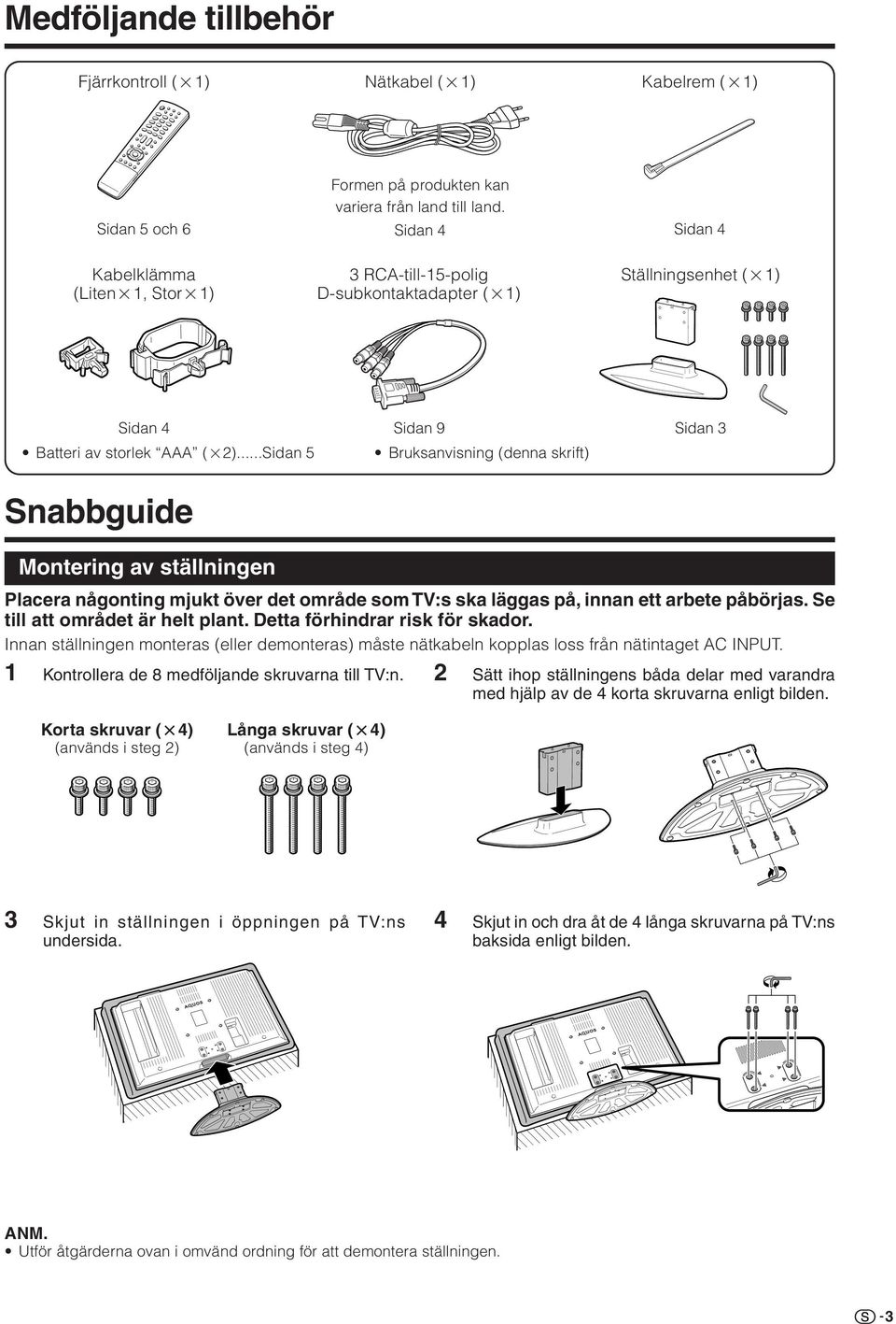 ..sidan 5 Snabbguide Sidan 9 Bruksanvisning (denna skrift) Sidan 3 Montering av ställningen lacera någonting mjukt över det område som :s ska läggas på, innan ett arbete påbörjas.