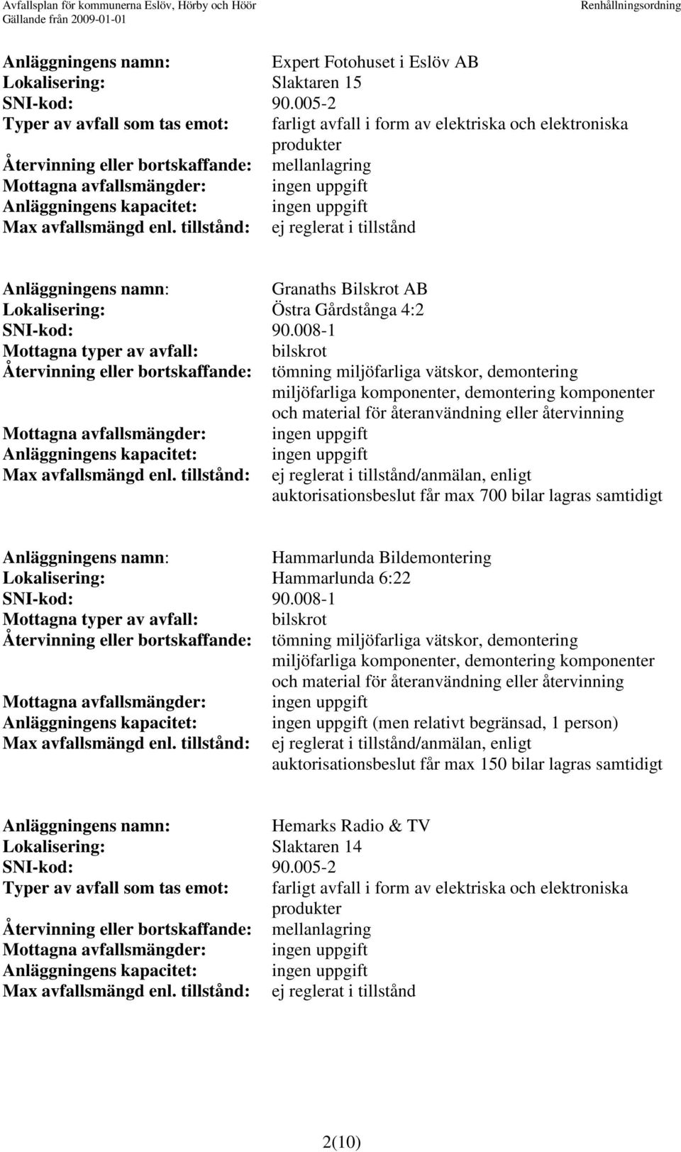 008-1 Mottagna typer av avfall: bilskrot Återvinning eller bortskaffande: tömning miljöfarliga vätskor, demontering miljöfarliga komponenter, demontering komponenter och material för återanvändning