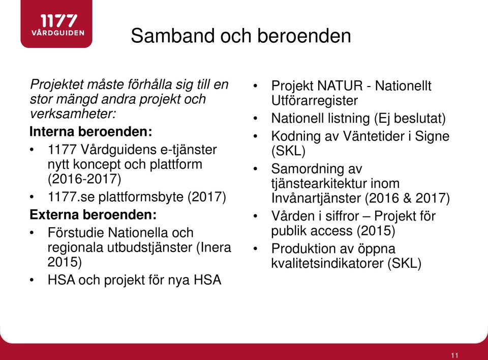 se plattformsbyte (2017) Externa beroenden: Förstudie Nationella och regionala utbudstjänster (Inera 2015) HSA och projekt för nya HSA Projekt NATUR -