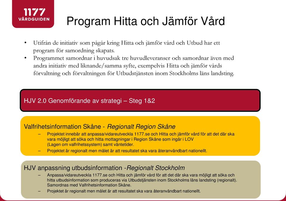 inom Stockholms läns landsting. HJV 2.0 Genomförande av strategi Steg 1&2 Valfrihetsinformation Skåne - Regionalt Region Skåne Projektet innebär att anpassa/vidareutveckla 1177.