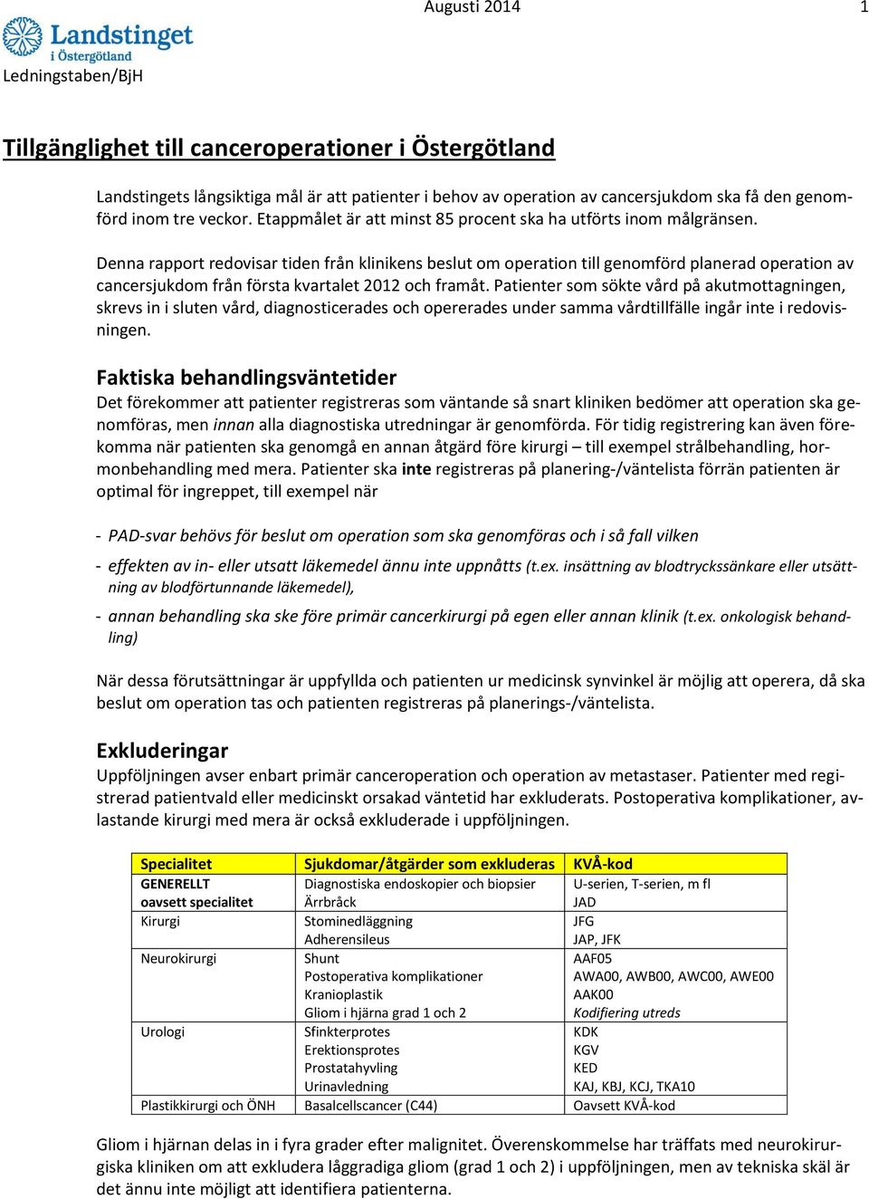 Denna rapport redovisar tiden från klinikens beslut om operation till genomförd planerad operation av cancersjukdom från första kvartalet 2012 och framåt.