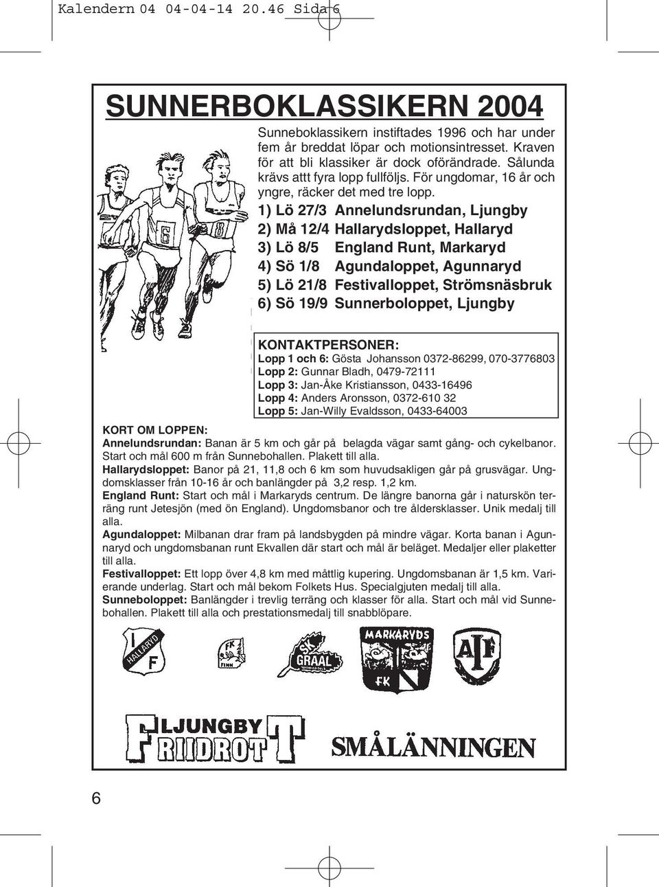 1) Lö 27/3 Annelundsrundan, Ljungby 2) Må 12/4 Hallarydsloppet, Hallaryd 3) Lö 8/5 England Runt, Markaryd 4) Sö 1/8 Agundaloppet, Agunnaryd 5) Lö 21/8 Festivalloppet, Strömsnäsbruk 6) Sö 19/9