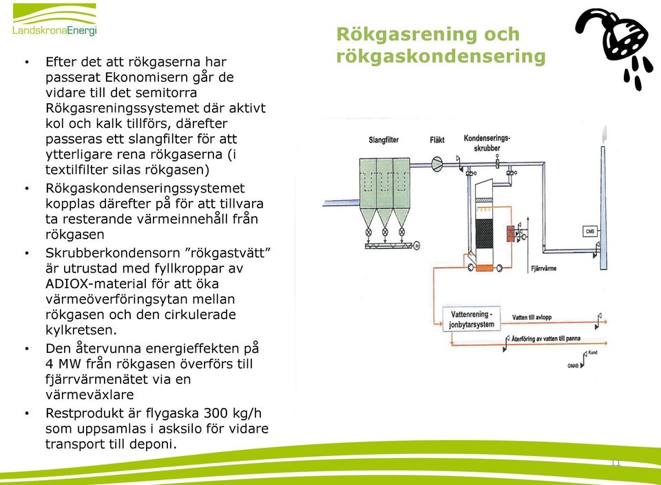 Skrubberkondensorn rökgastvätt är utrustad med fyllkroppar av ADIOX-material för att öka värmeöverföringsytan mellan rökgasen och den cirkulerade kylkretsen.