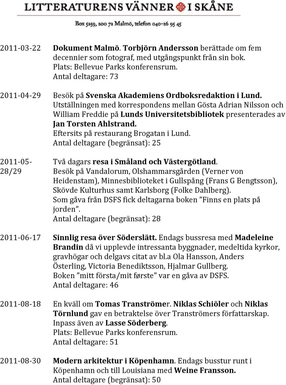 Utställningen med korrespondens mellan Gösta Adrian Nilsson och William Freddie på Lunds Universitetsbibliotek presenterades av Jan Torsten Ahlstrand. Eftersits på restaurang Brogatan i Lund.