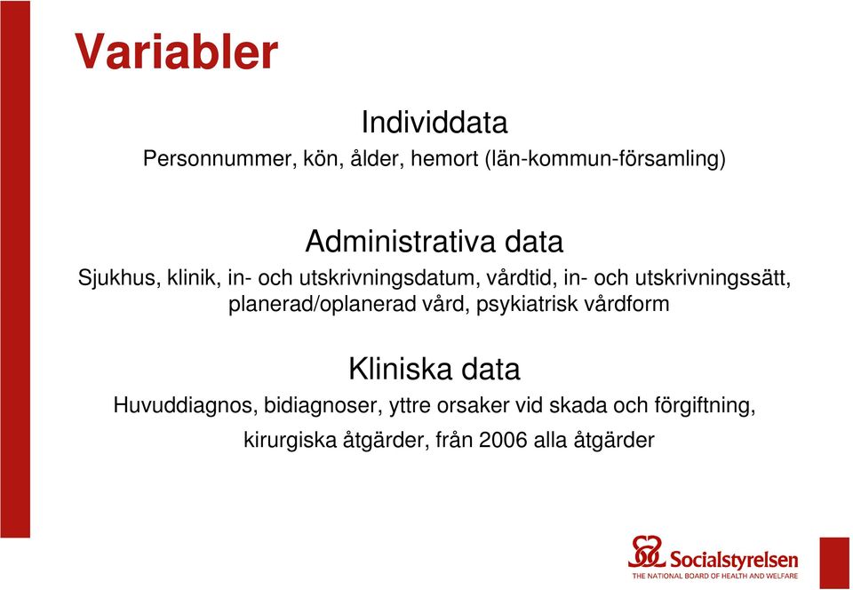 utskrivningssätt, planerad/oplanerad vård, psykiatrisk vårdform Kliniska data