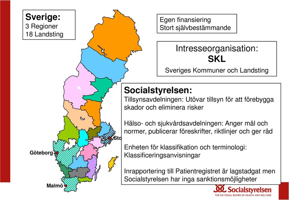 sjukvårdsavdelningen: Anger mål och normer, publicerar föreskrifter, riktlinjer och ger råd Stockholm Enheten för klassifikation och