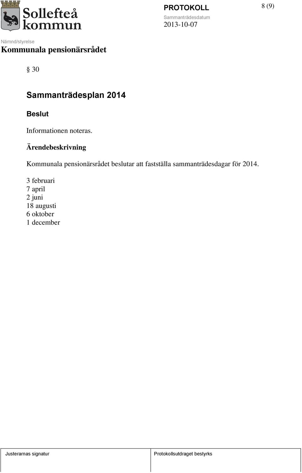 sammanträdesdagar för 2014.