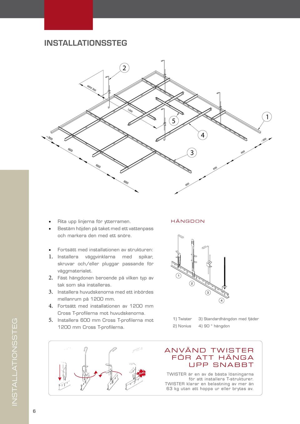 Fäst hängdonen beroende på vilken typ av tak som ska installeras. 3. Installera huvudskenorna med ett inbördes mellanrum på 1200 mm. 4.