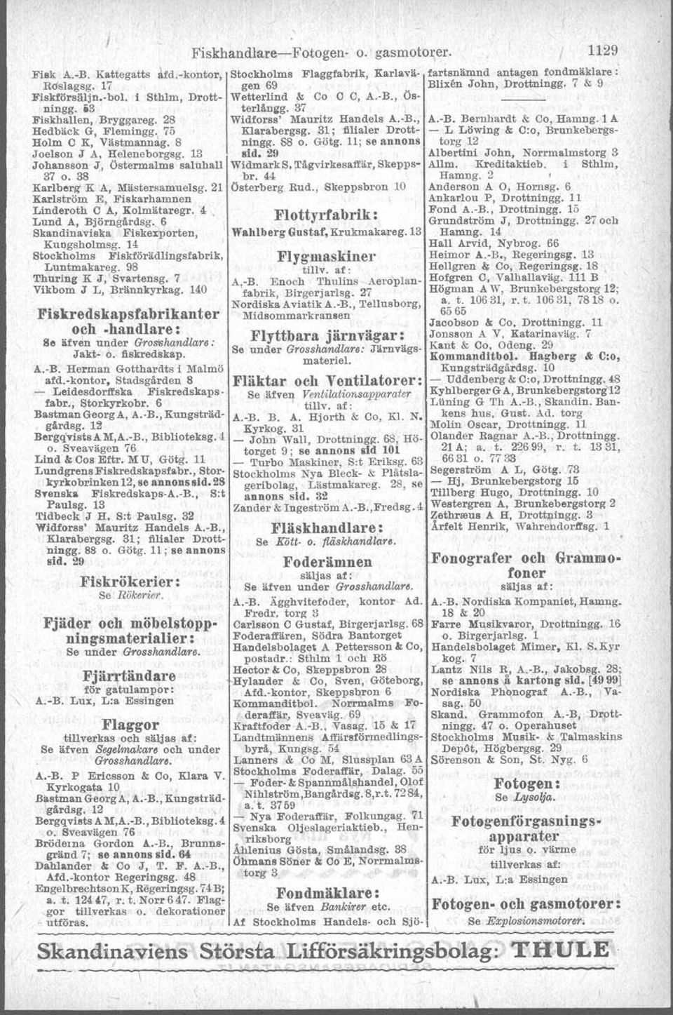 14 Stockholms Fiskförädlingsfabrik, Luntmakareg. 98 Thuring K J, Svartensg. 7 Vikbom J L, Brännkyrkag. 140 Fiakredskapsfabrikanter och -handlare: Ile äfven under Grosehandlare : Jakt- o. fiskredskap.