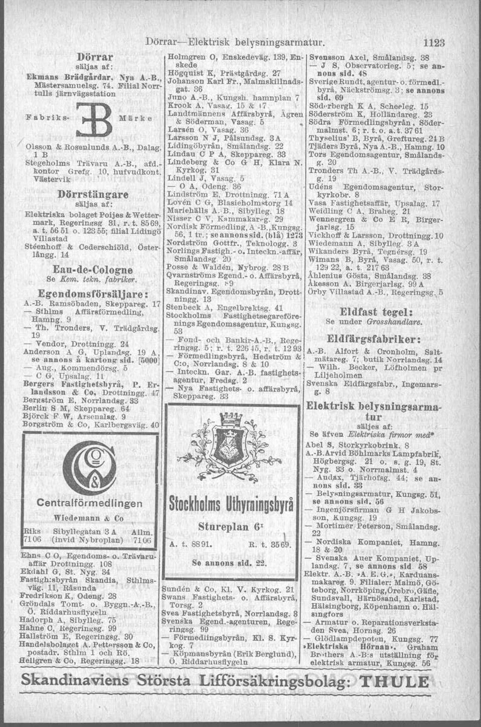 Högquist K, Prästgårdag. 27 nons sid. 48 Johanson Karl Fr., Malmskillnads- Sverige Rundt, agentur- o. förm.dl.- gat. 36. byrå, Näckströmag. 3; se annons Juno A.-B., Kungsh, hamnplan 7 sid. 69 Krook A.