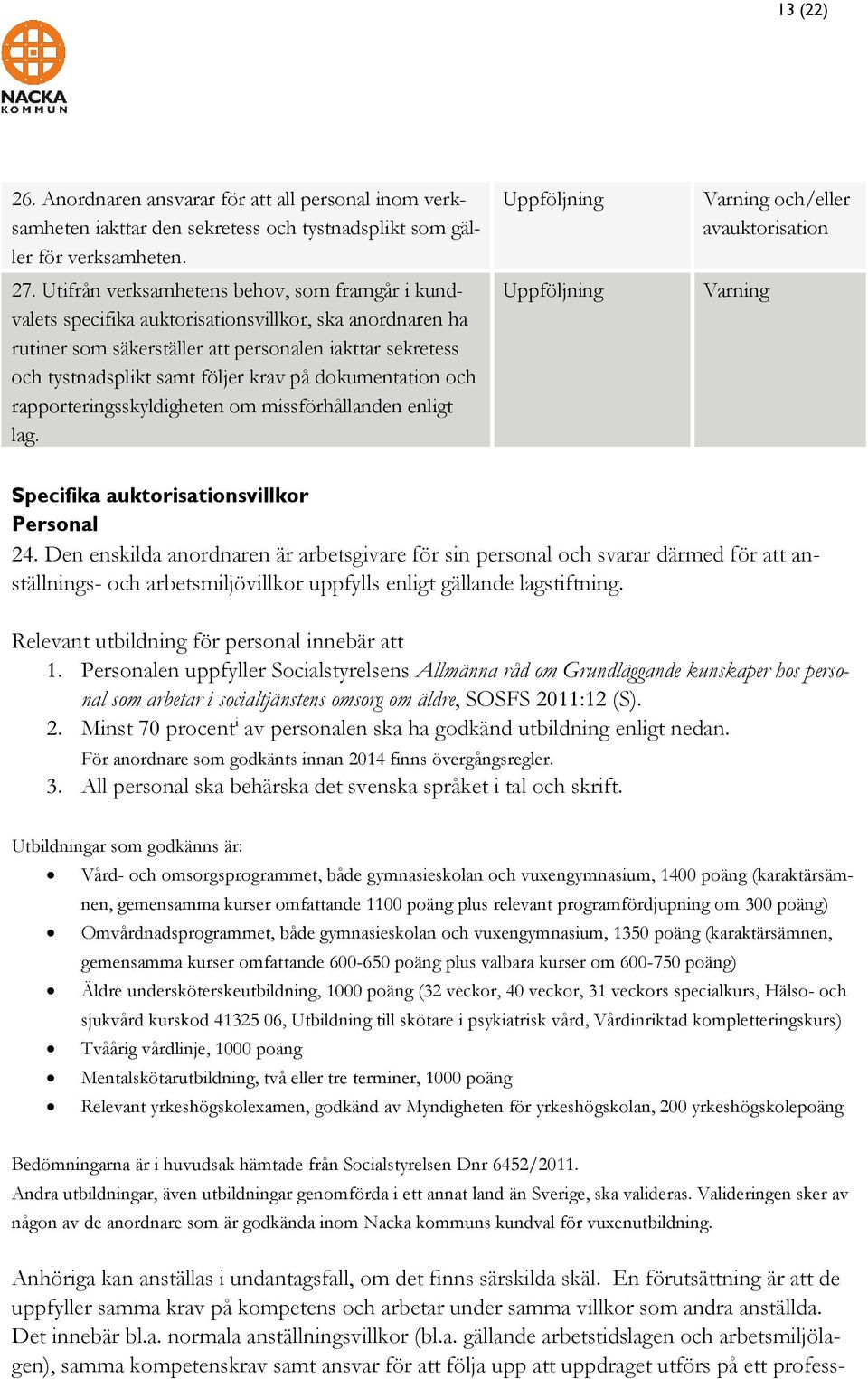 på dokumentation och rapporteringsskyldigheten om missförhållanden enligt lag. Varning Specifika auktorisationsvillkor Personal 24.