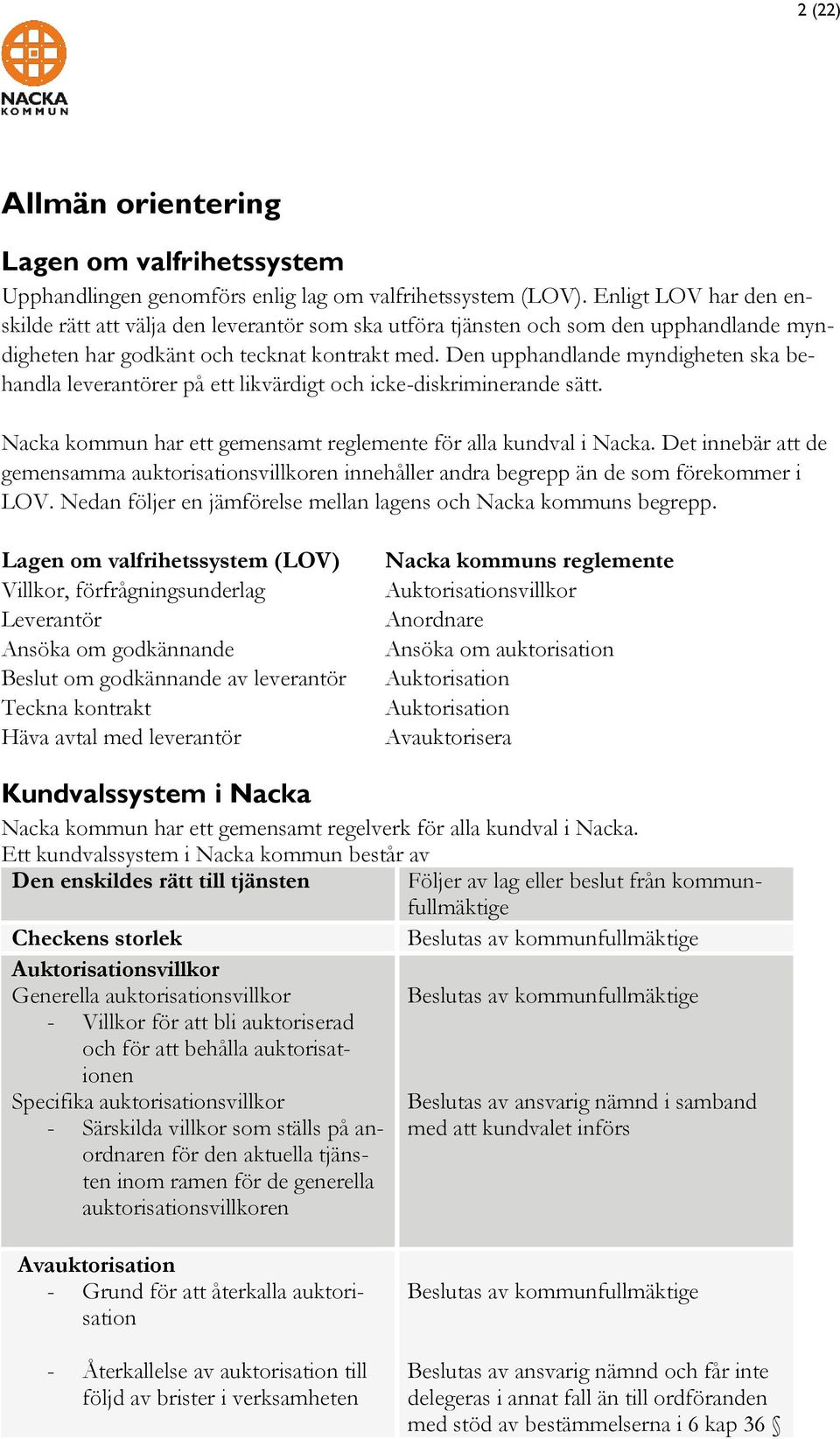 Den upphandlande myndigheten ska behandla leverantörer på ett likvärdigt och icke-diskriminerande sätt. Nacka kommun har ett gemensamt reglemente för alla kundval i Nacka.