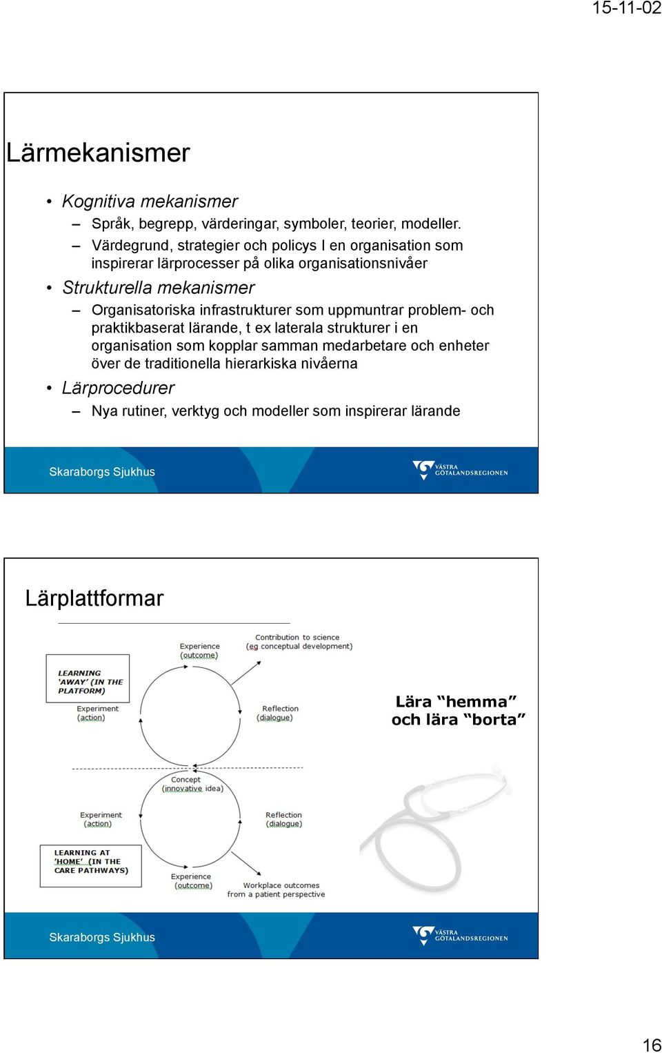 Organisatoriska infrastrukturer som uppmuntrar problem- och praktikbaserat lärande, t ex laterala strukturer i en organisation som kopplar