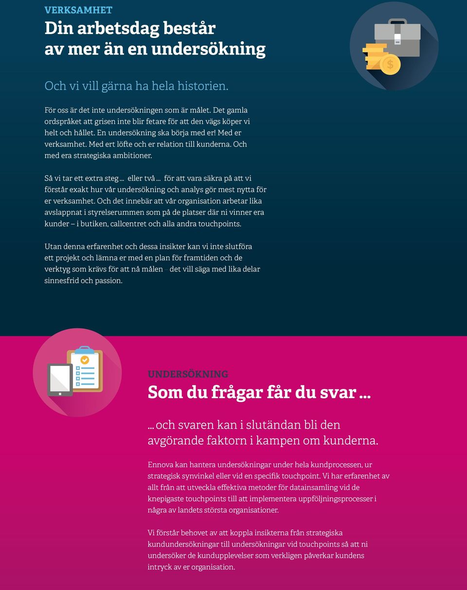 Och med era strategiska ambitioner. Så vi tar ett extra steg... eller två... för att vara säkra på att vi förstår exakt hur vår undersökning och analys gör mest nytta för er verksamhet.