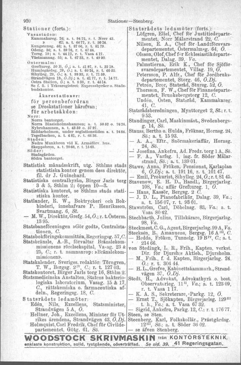 t. 4764. Torsg. 19; a: t. '4412, r. t. Vasa 417. Olsson, Olof, Chef filr Ecklesiastikdeparte- Ylistnlannag.65; a. t. 6733, r. t. 4990. mentet, Dalag. 39, Va.. Östermalm: Palmstierna, Erik K.